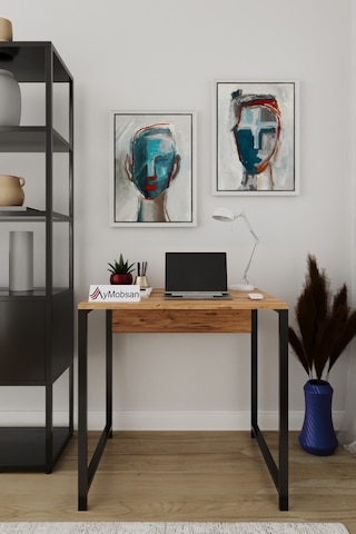 Selin Metal Ayaklı Çalışma Masası Atlantik Çam Suntalam, Siyah Metal Ayak, Modern Ofis & Ev Masası Atlantik Çam