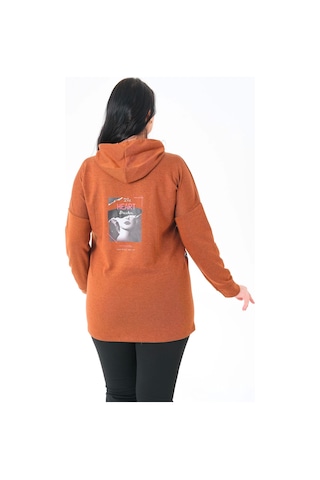 Lady Majestic Büyük Beden Kapüşonlu Sweatshirt Taba