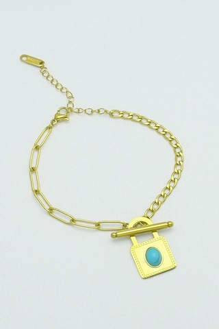 Altın Kaplama Seri Kararmaz Turkuaz Taşlı Kilit Çelik Bilek Gold Altın