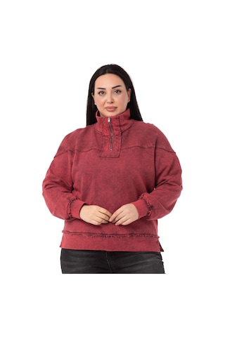 Büyük Beden Pis Dikişli Fermuarlı Yırtmaçlı Parça Boyalı Bordo Sweatshirt-bordo Bordo