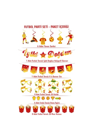 Sarı Kırmızı Futbol Temalı Doğum Günü Parti Seti İyi Ki Doğdun Banner, Tavan Sarkıt, Gözlük, Pasta Süsü Ve Mısır Kutusu