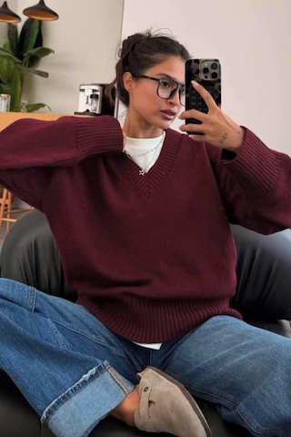 Madmext Koyu Bordo V Yaka Oversize Kadın Triko Kazak Mg2149 Koyu Bordo