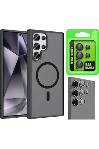 Vendas Samsung Galaxy Uyumlu  S24 Ultra Kılıf M-safe Şarj Özellikli Zore Babet Kapak + Kamera Lens Koruyucu Siyah