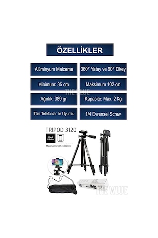 Bluetooth Kumandalı Selfie Tripod 102cm Tüm Telefonlar İle Uyumlu