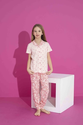 Rapapa Kız Çocuk Yazlık Likralı Penye Düğmeli Pijama Takımı 30271- Pembe
