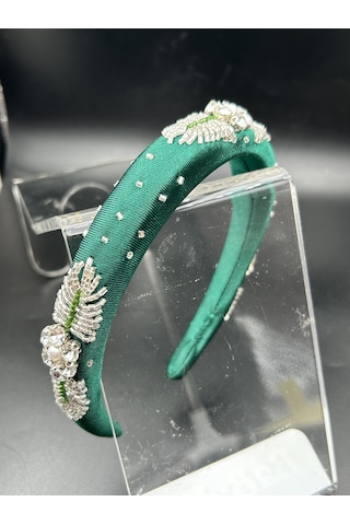 Tasarım El Yapımı El İşlemeli Yeşil Saten Gümüş Nakış İşleme Abiye Kına Nişan Saç Aksesuarı Taç Yeşil