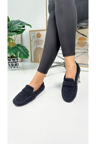 Günlük Kadın Loafer Peluş Astarlı Oval Burunlu Alçak Desenli Tabanlı Ayakkabı 375 Siyah