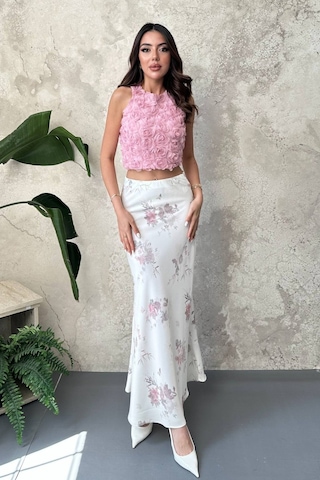 Alemdarshop Ekru Saten Soft Çiçekli Etek