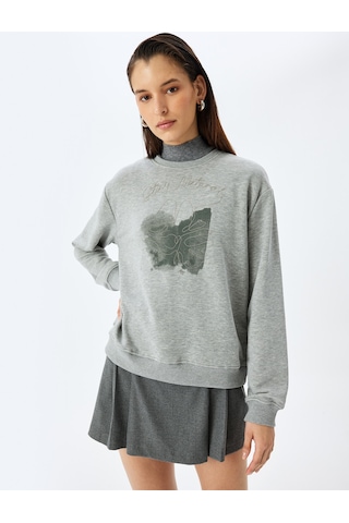 Koton Koton X Şahika Ercümen - Nakış Detaylı Baskılı Uzun Kollu Oversize Sweatshirt Gri 5wak10504ek Gri