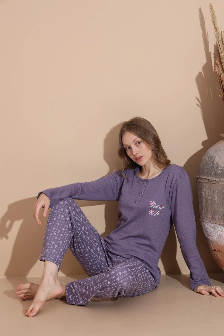 Lindros Kadın Pamuk'lu Düğme Yaka Raporlu İnterlok Kışlık Pijama Takımı 05040 - 1 Adet Mor