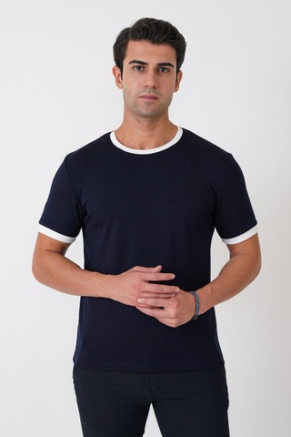 Efor Slim Fit Bisiklet Yaka Lacivert-ekru Tişört Ts 932