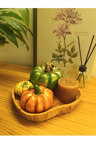 Kabak Figürlü Dekor Seti Doğal Masa Süsleri-kabak & Mum Seti-biblo Dekoratif Tepsili Set B Boy Yeşil Tepsili Set