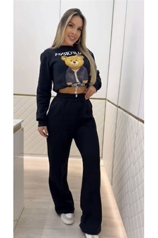 Efnaz Style Kadın Uzun Kollu Bisiklet Yaka Desenli Iki Iplik Şardonlu Bluz Ve Pantolon Ikili Takım Siyah
