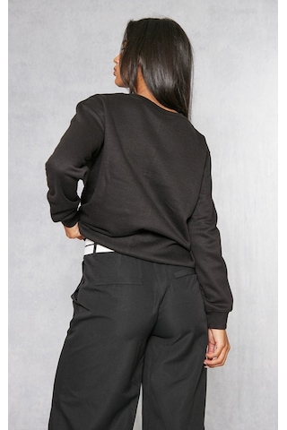 Düz Basic Sweatshirt - Siyah Uzun Kol Oversize Bisiklet Yaka Siyah