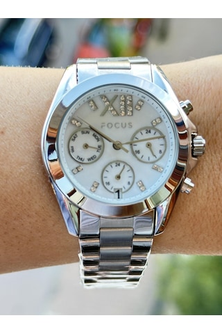 Focus Dual Time Aktif Göstregeler Komple Çelik Spor Şık Kullanıma Uygun Kadın Kol Saati Metalik