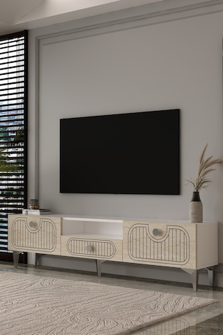 180dhdtsç3btg Hera Lazer Desenli Kapaklı Tv Sehpası,ünitesi Beyaz-traverten-gümüş