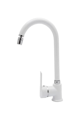 Beyaz Armatür Oynar Perlatörlü Mutfak Evye Bataryası 360 Derece Sıcak Soğuk Su Girişli Beyaz