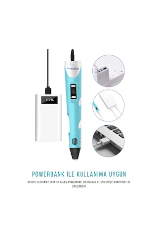 Mavi 3D Kalem 3D Pen 3 Boyutlu Yazıcı Kalem 3 Renk 9 Metre Filament + USB KABLO