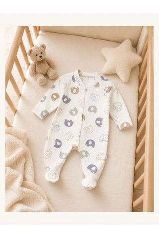Ferasty İstanbul Unisex Bebek Tulum Fil Desenli Ekru