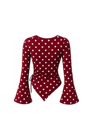 Meren Like Your Style Puantiyeli Yuvarlak Yaka Drape Detaylı İspanyol Kol Tesettür Uyumlu Üst Bluz Bordo Poantiye