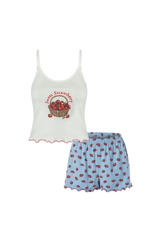 Koza İç Giyim Kadın İnce Askılı Desenli Pamuklu Şortlu Pijama Takımı Kk30231 Kırmızı - Beyaz