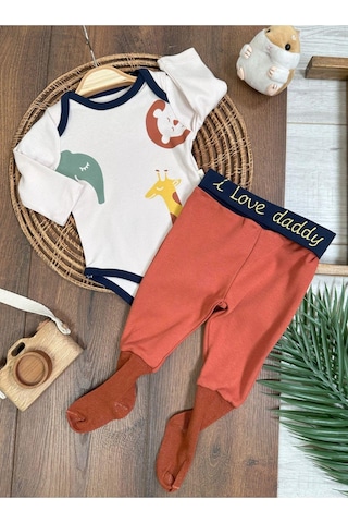 Tiwitibaby Safari Baskılı Çoraplı Alttan Çıtçıtlı Erkek Bebek Takım-zıbın Takım Kiremit