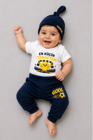 Babyden's %100 Pamuk Sarı Lacivert En Küçük Taraftar Bebek Takımı 3'lü Kısa Kol Body,pantolon Ve Şapkalı Yenidoğan Seti 0-9 Ay Beyaz - Lacivert