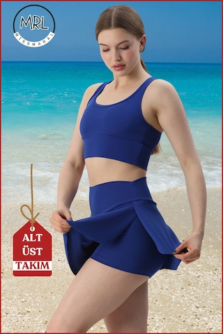 Kadın Alt-üst Takım Şort & Sabit Pedli Üst Crop Denizde Havuzda Sporda Swimsuit Mavi Takım3107 Mavi