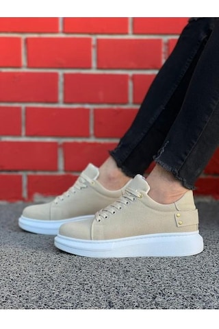 Erkek Süet Spor Günlük Ayakkabı Yüksek Kalın Taban Bağcıklı Sneaker Bej