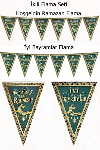 2li Ramazan Flama Seti: Hoşgeldin + İyi Bayramlar Bayrak Süs Şeker Bayramı Banner Dini İslami Süs