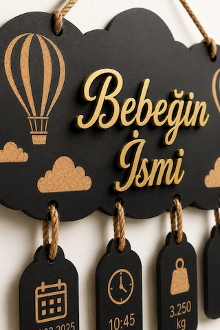 Kişiye Özel Ahşap Pleksi İsimli Bebek Kapı Süsü Yenidoğan Doğum Anı Panosu Hastane Odası Dekoru İsimlik Etiketli Oda Kapı Önü Aksesuarı Siyah Gold
