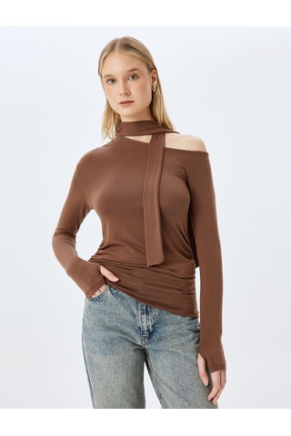 Koton Uzun Kollu Asimetrik Yaka Bağlama Detaylı Slim Fit Tişört Kahverengi 5wal10753ık Kahve