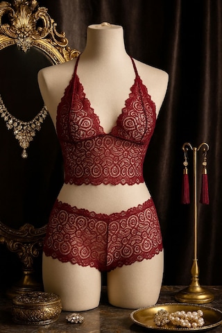 Epilons Zenviaatt2 Kadın Bordo Dantel Bralet Şort Takımı Asil Ve Sofistike İç Giyim Zenvi312