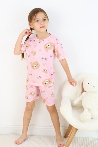 Kız Çocuk Pamuklu Penye Kumaş Şortlu Pijama Takımı Beyaz - Pembe