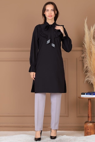 Asel Tunik Pantolon İkili Tesettür Takım Siyah Siyah