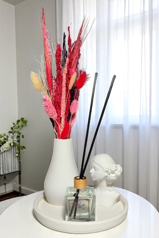 Dekoratif 4 Parça Vazo Seti - Su Damlası Vazo, Yuvarlak Tepsi, Tealight Mumluk, Dekoratif Kız Beyaz
