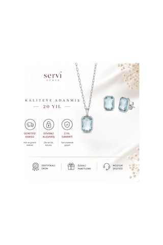 Servi 925 Ayar Gümüş Maris Açık Mavi Baget Taşlı Kolye Ve Küpe Set -461