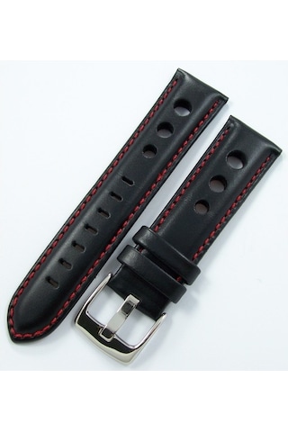 Bizon Siyah Deri Saat Kordonu 24Mm Kırmızı Dikişli Delikli Kayışı