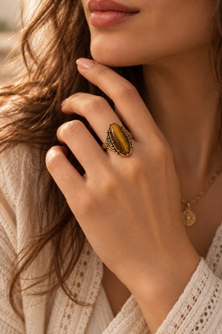 Esoo Jewelry Vintage Tasarım Kehribar Kahve Doğal Taşlı Ayarlanabilir Kadın Yüzük - Antik Gold Görünümlü