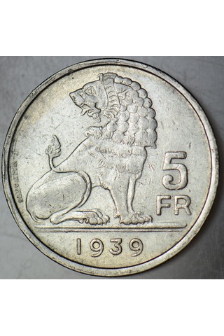 Belçika 5 Frank 1939 İkinci Dünya Savaşı Dönemi.
