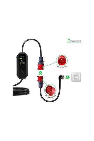 Coswatt Elektrikli Araç Taşınabilir Şarj Cihazı 11 kW-16A-Tip2 Soket-Türkçe Menü-5M-5x16A Fiş-380V AC
