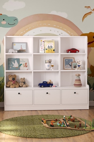 Bofigo 3 Kapaklı 9 Raflı Dolap Kitaplık Çok Amaçlı Dolap Oyuncak Dolabı Demet Beyaz Beyaz