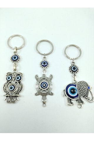Üçlü Metal Nazar Boncuklu Baykuş/ Kaplumbağa / Fil Anahtarlık Set