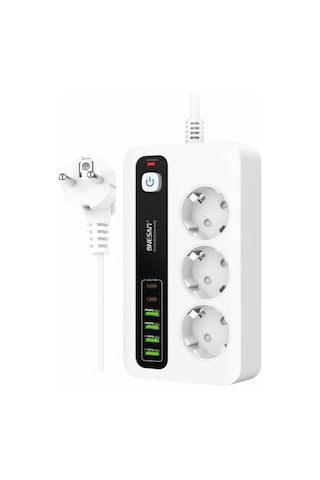 Akım Korumalı 4 Usb'li Ve 3 Type-c Li 3'lü Grup Priz 2 M Uzatma Kablosu Beyaz 1.5 M