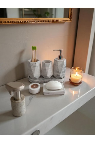 Mermer Desenli Beton Banyo Seti,sıvı Sabunluk ,diş Fırçalığı,kulak Çubukluğu,katı Sabunluk Ve Mumlukkk Gri
