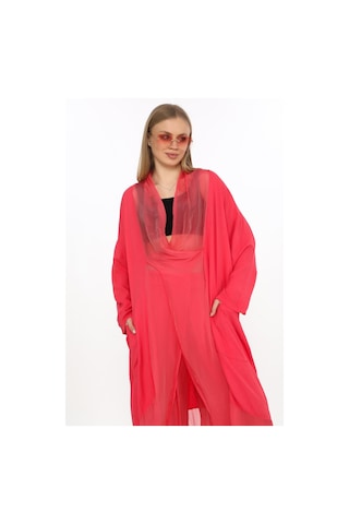 Bohem Stil Italyan Ipek Detaylı Oversize Kap Bluz- Wes Pantolon Takım-8863 Mercan Pembe