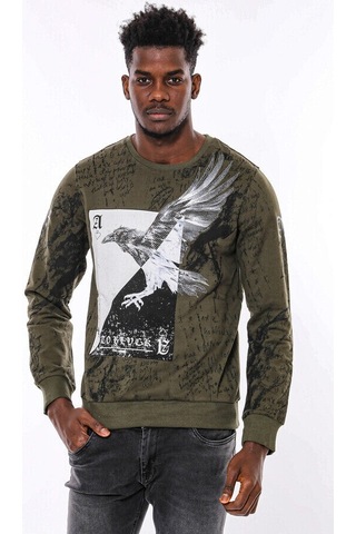 Wessi Yeşil Baskılı Taşlı Bisiklet Yaka Sweatshirt Yeşil