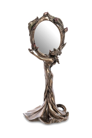 Art Nouveau Design Nilüfer Çiçekli Kadın Figürlü Masa Aynası