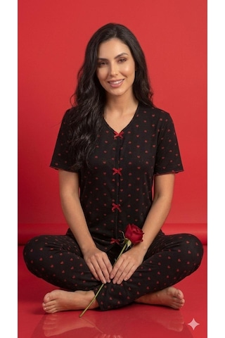 Sleeproom Yazlık Siyah Kırmızı Kalp Desenli Kısa Kol Penye %100 Pamuk Pijama Takım