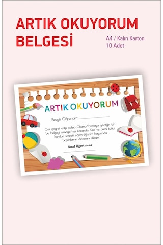 10 Adet Artık Okuyorum Belgesi - A4 Boy - Kalın Kart - Yüksek Kalite Baskı 1.hamur Standart